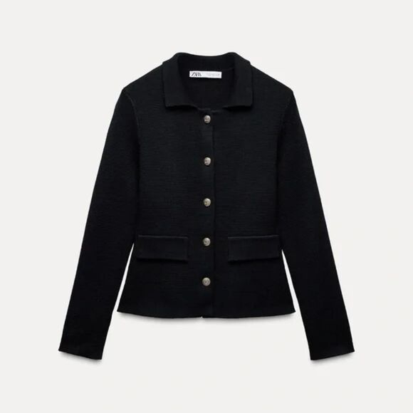 Navy Blue Gold-Button Collared Heavy Knit Blazer Jacket Cardigan Sweater (NWT) - Picture 7 of 7